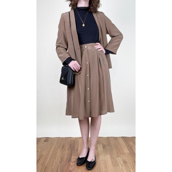 Vintage 100% Silk Midi Skirt Blazer Matching Set Suit Quiet Luxury Old Money 90s - Picture 1 of 8